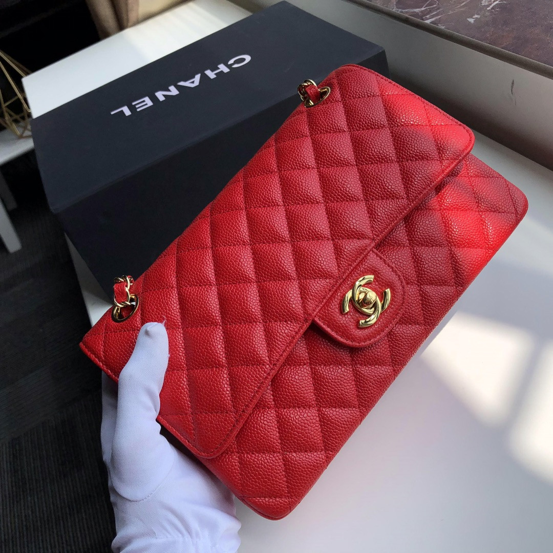 Ch**el CLASSIC HANDBAG GRAINED CALFSKIN & gold-TONE METAL SHINY red 6 × 9.9 × 2.5 in