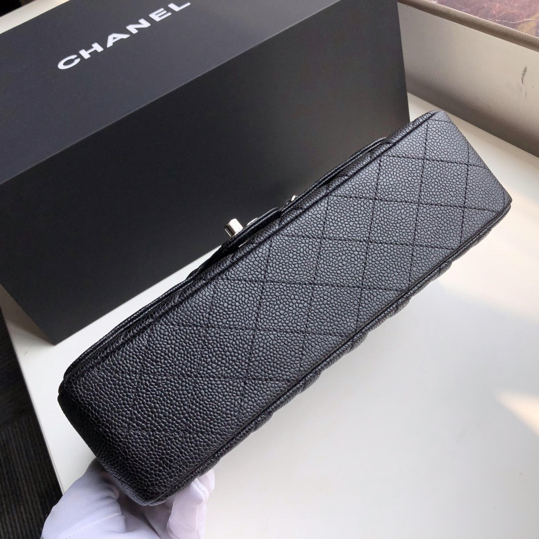 Ch**el CLASSIC HANDBAG GRAINED CALFSKIN & SILVER-TONE METAL black 6 × 9.9 × 2.5 in