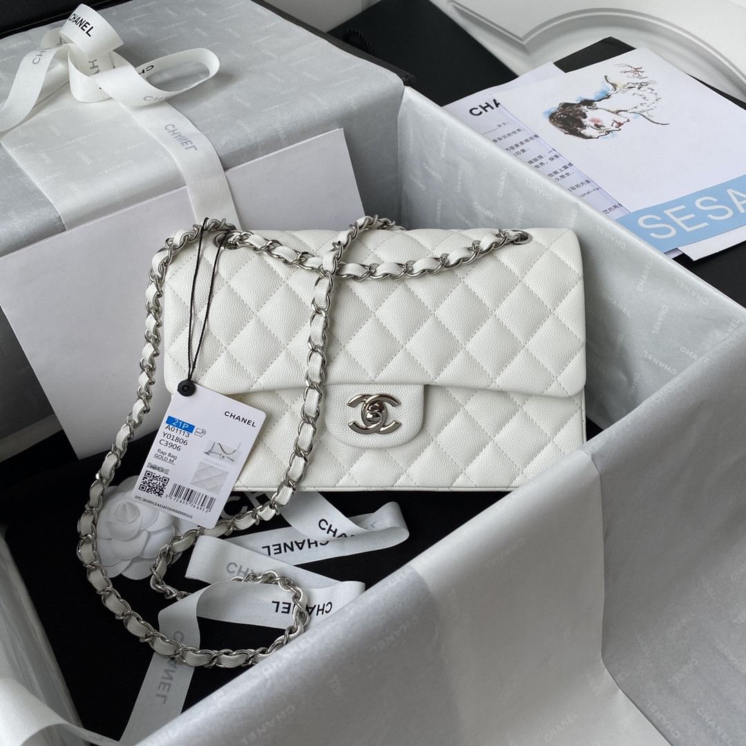 Ch**el SMALL CLASSIC HANDBAG Grained Calfskin & Silver-Tone Metal White 5.7 × 9 × 2.3 in