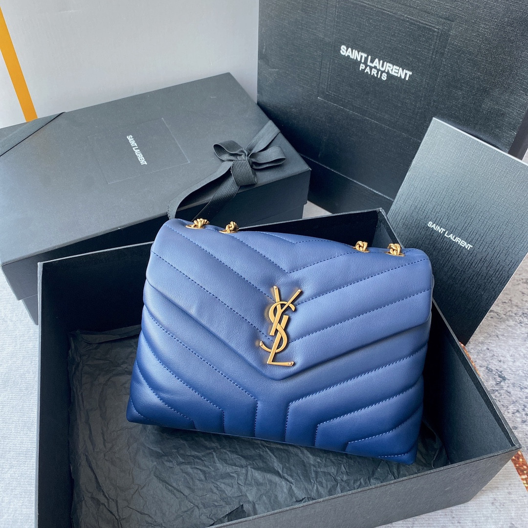 Y51 LOULOU SMALL IN QUILTED LEATHER BLUE GOLD 9 X 6.1 X 3.3 INCHES