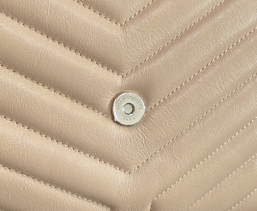 Y51 LOULOU MEDIUM IN QUILTED LEATHER DARK BEIGE SILVER 12.5 X 8.6 X 3.5 INCHES