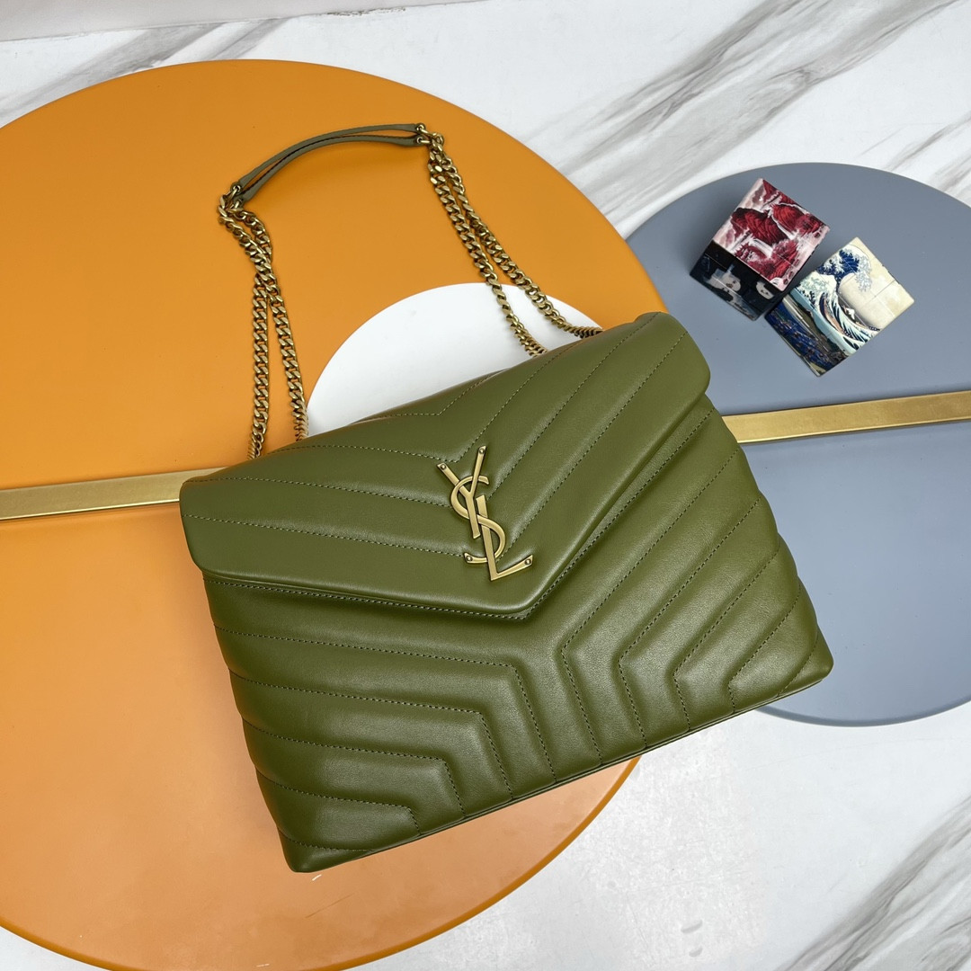 Y51 LOULOU MEDIUM IN QUILTED LEATHER DARK GREEN 12.5 X 8.6 X 3.5 INCHES