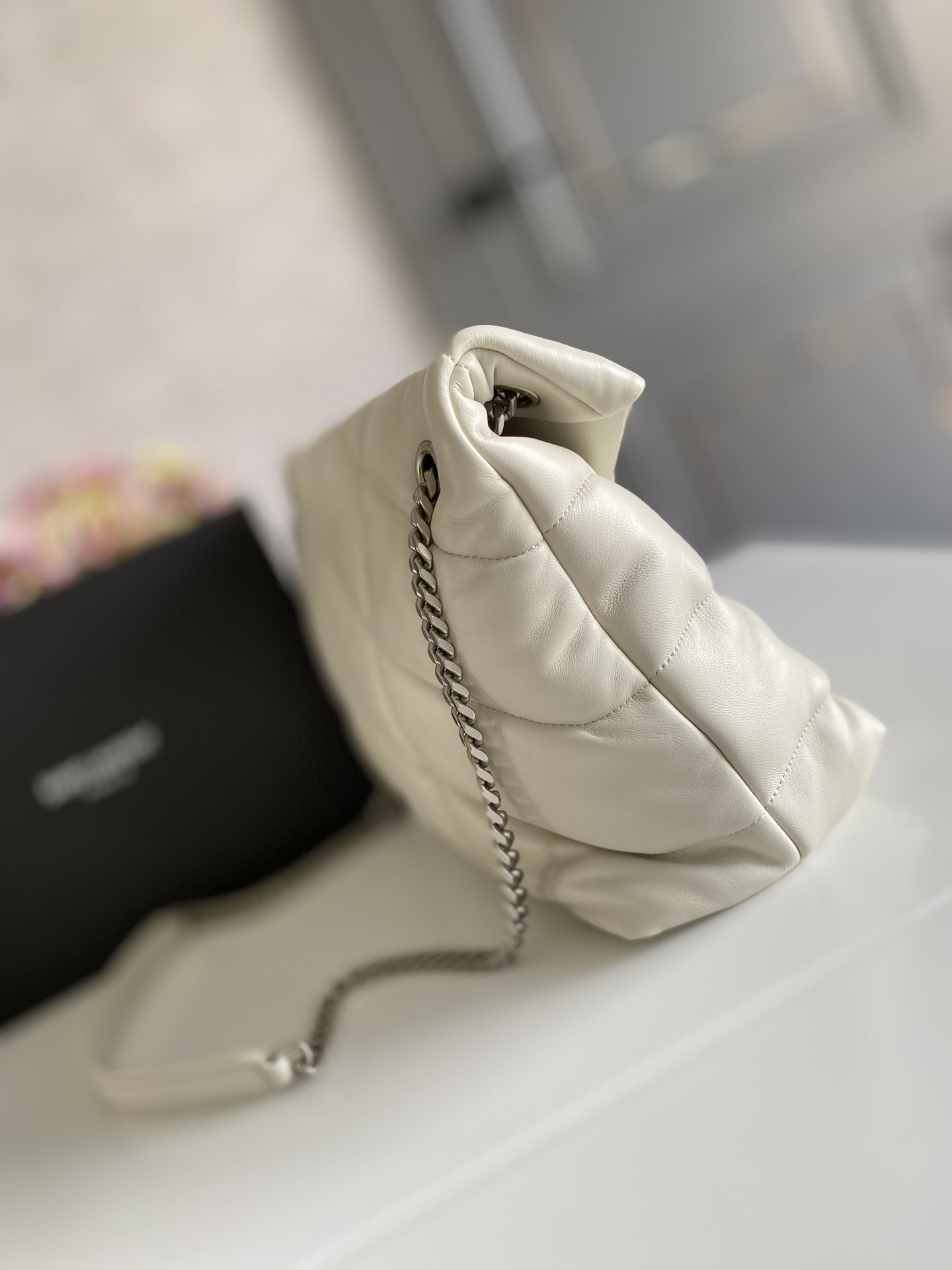 Y51 PUFFER MEDIUM IN NAPPA LEATHER WHITE SILVER 13.7 X 9 X 5.3 INCHES