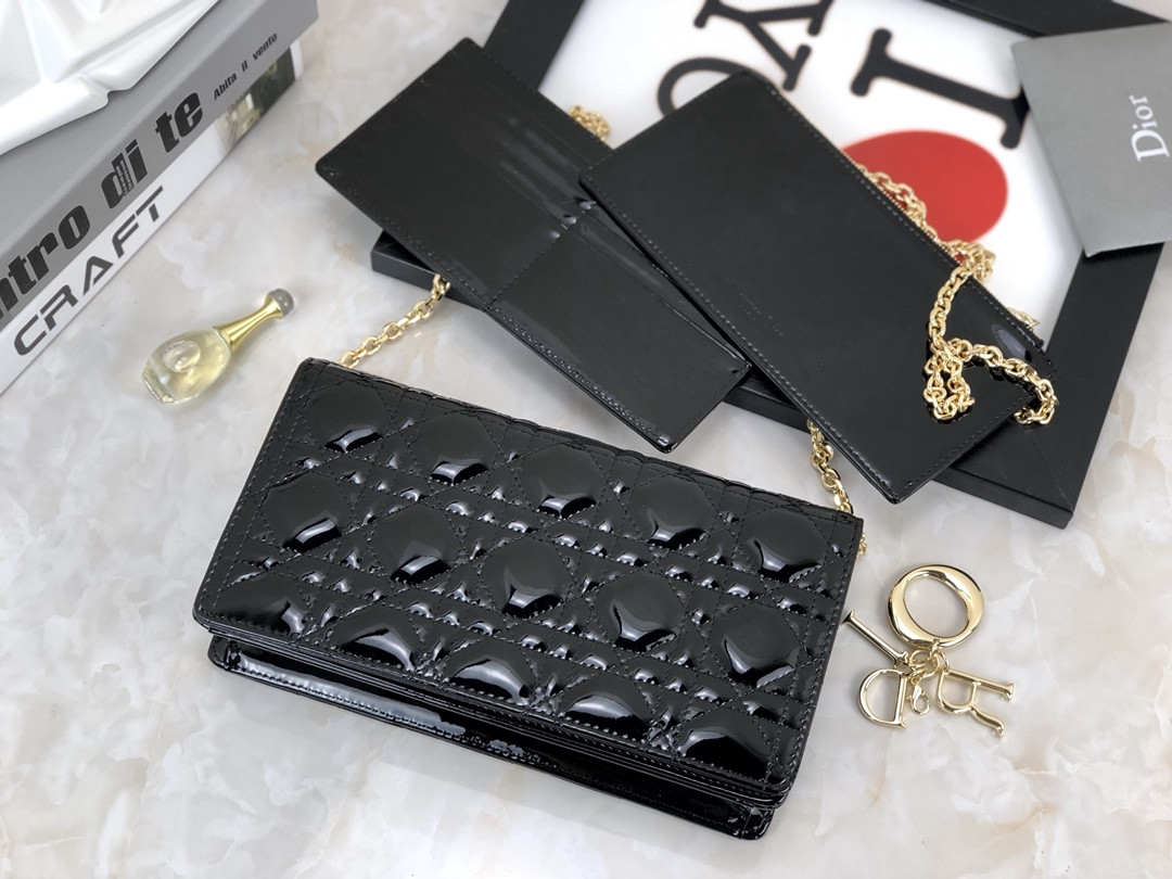 Lady D10r Pouch  Black Patent Cannage Calfskin 8.5 x 4.5 x 1 inches