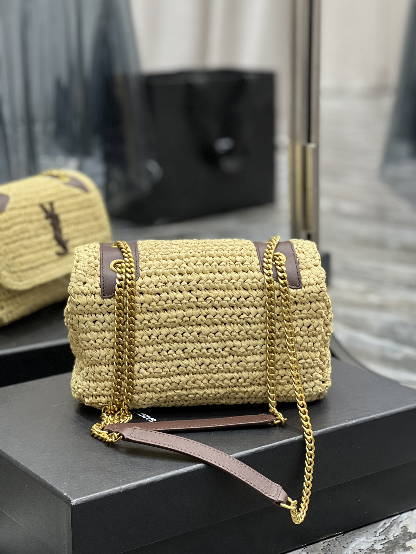 Y51 NIKI CHAIN BAG IN RAFFIA AND LEATHER BEIGE 22×16.5×12 CM