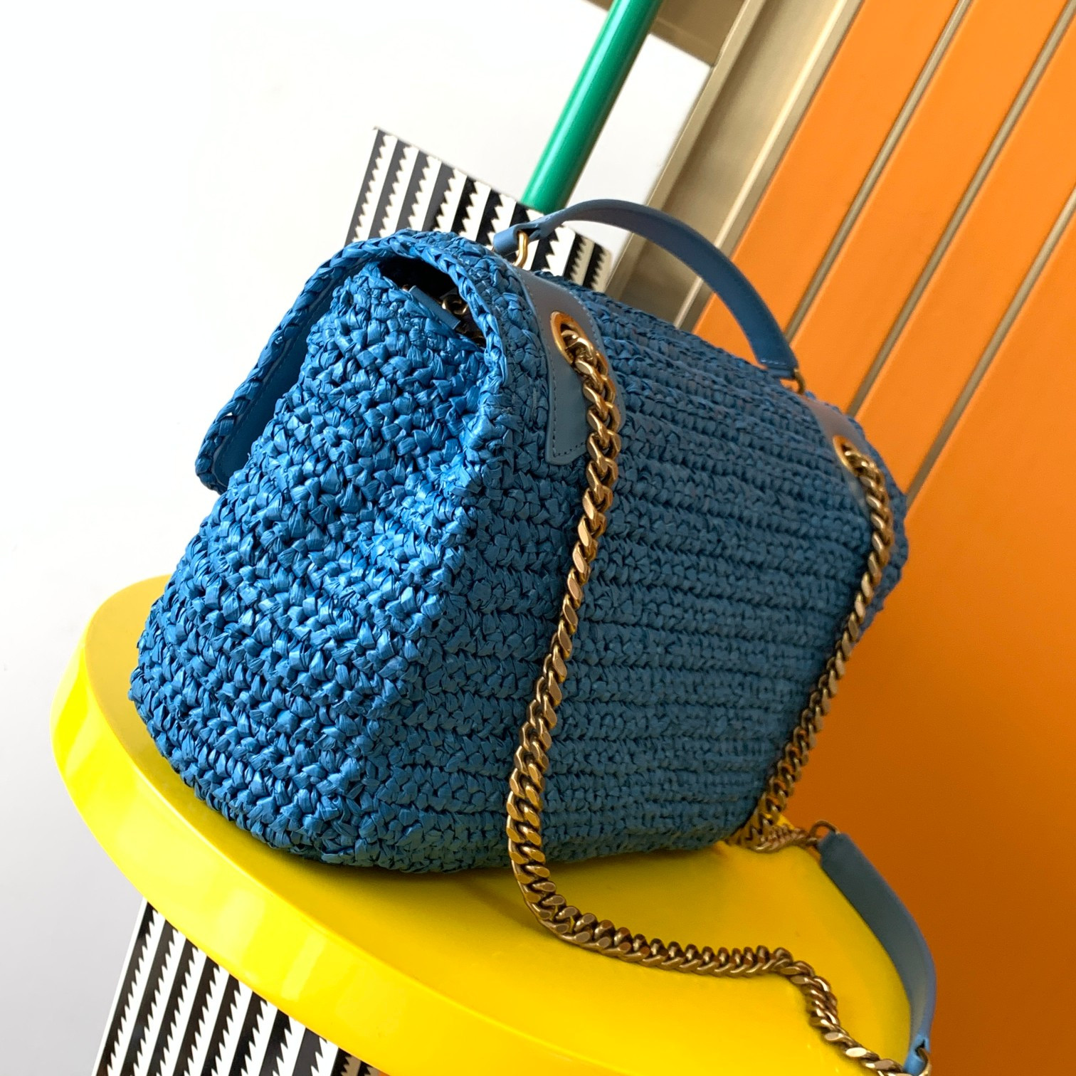 Y51 NIKI MEDIUM CHAIN BAG IN RAFFIA AND LEATHER BLUE 11 X 7.8 X 3.3 INCHES