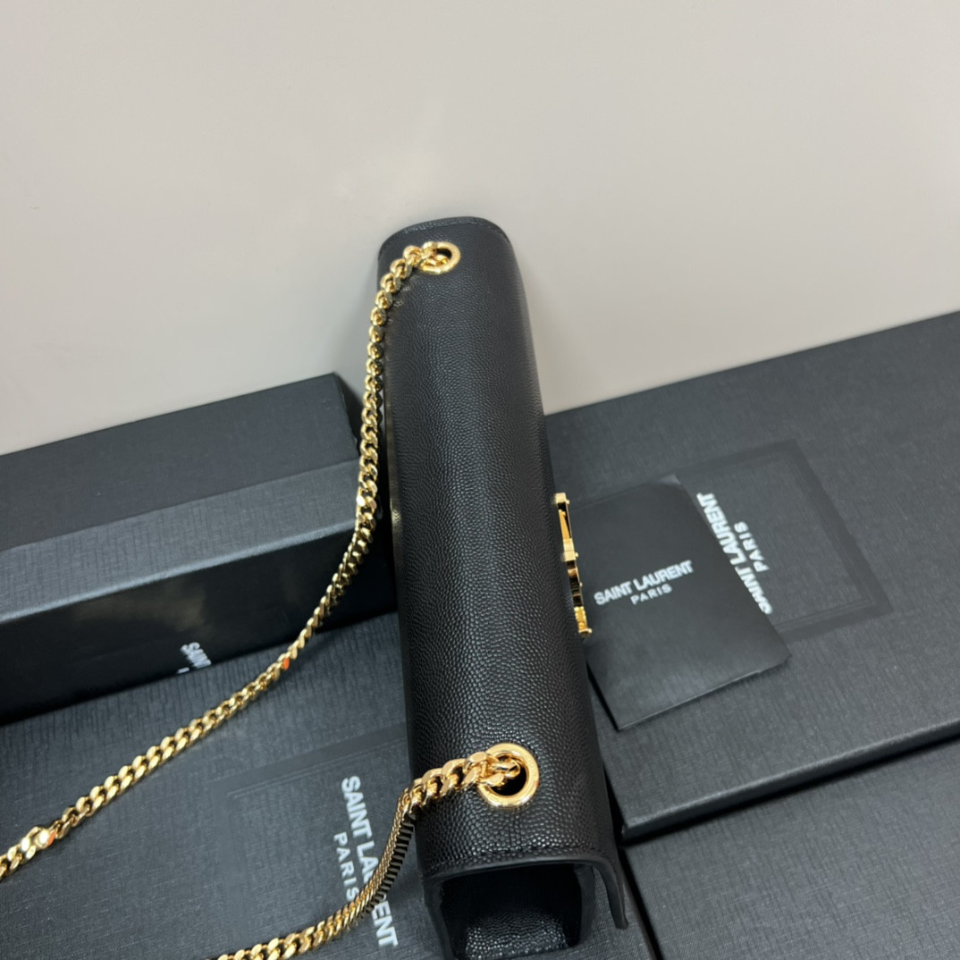 Y51 KATE MEDIUM IN GRAIN DE POUDRE EMBOSSED LEATHER BLACK GOLD 9.4 X 5.7 X 2.1 INCHES