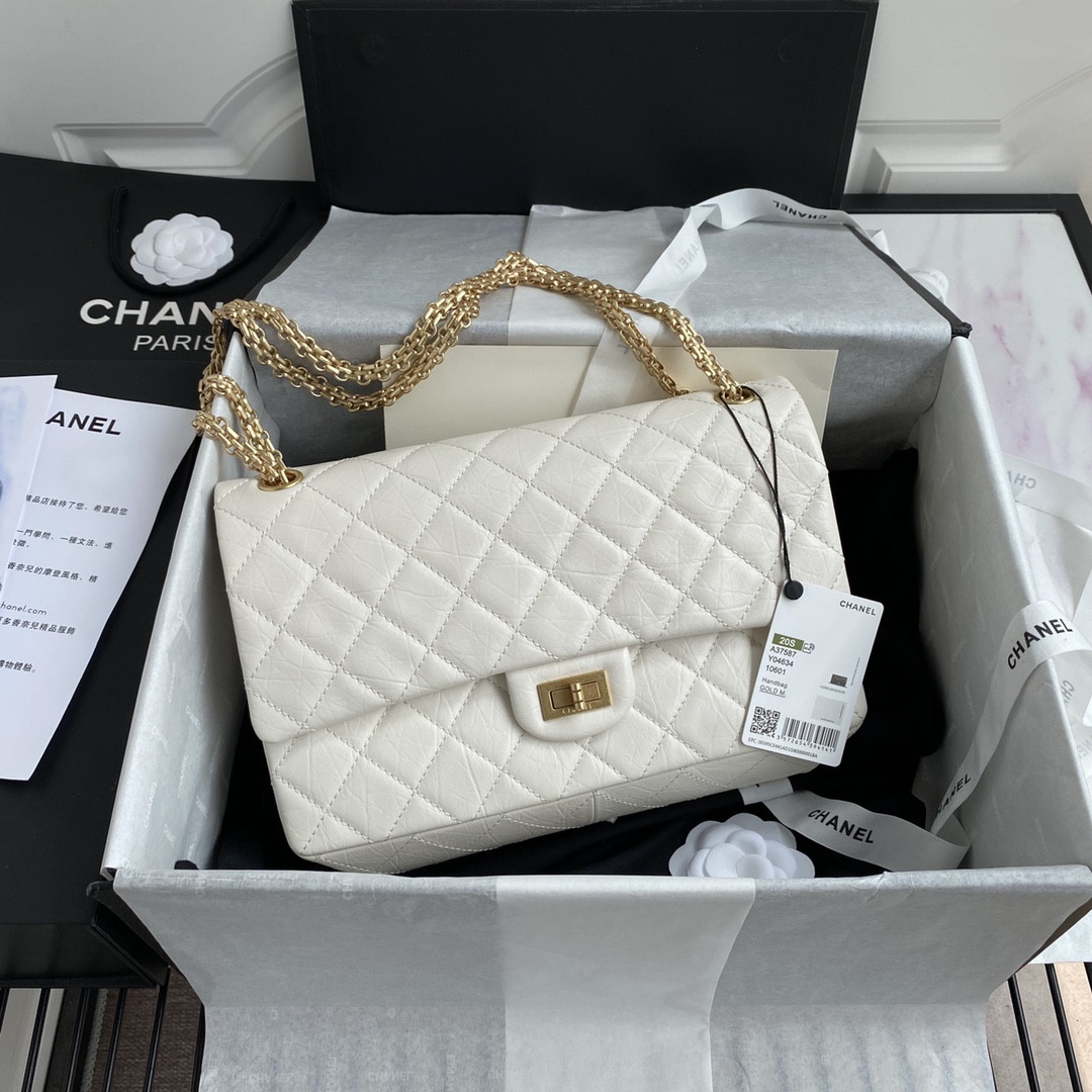 Ch**el LARGE 2.55 HANDBAG White& Gold-Tone Metal 7.6 × 10.9 × 2.9 in