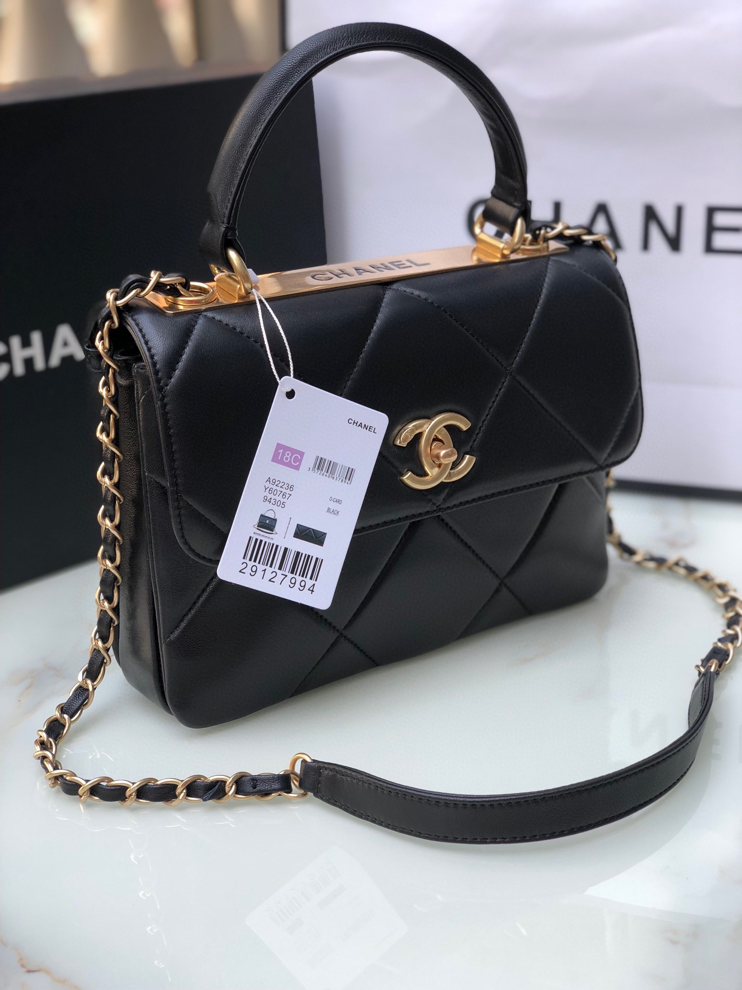 Ch**el FLAP BAG WITH TOP HANDLE 6.6 × 9.8 × 4.7 in