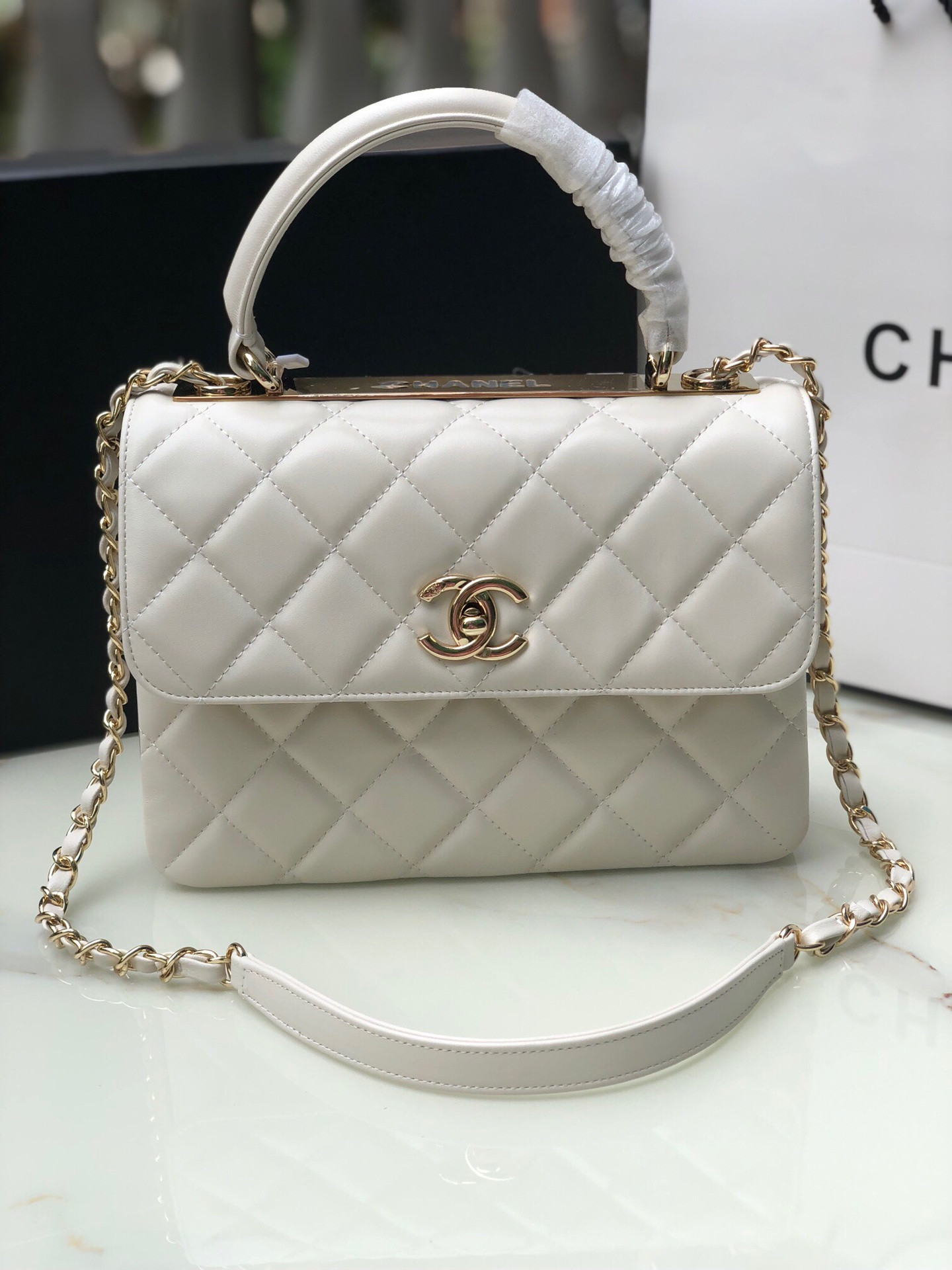 Ch**el FLAP BAG WITH TOP HANDLE 6.6 × 9.8 × 4.7 in