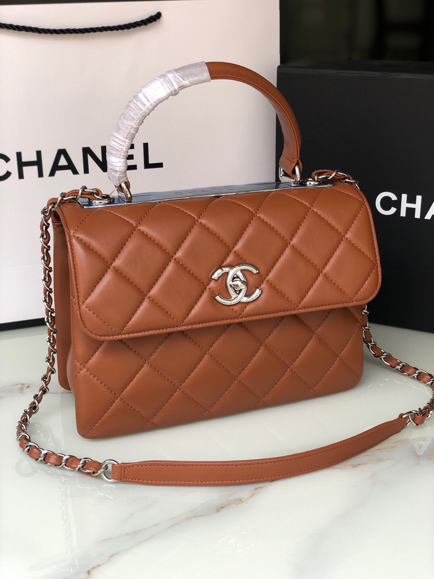 Ch**el FLAP BAG WITH TOP HANDLE 6.6 × 9.8 × 4.7 in
