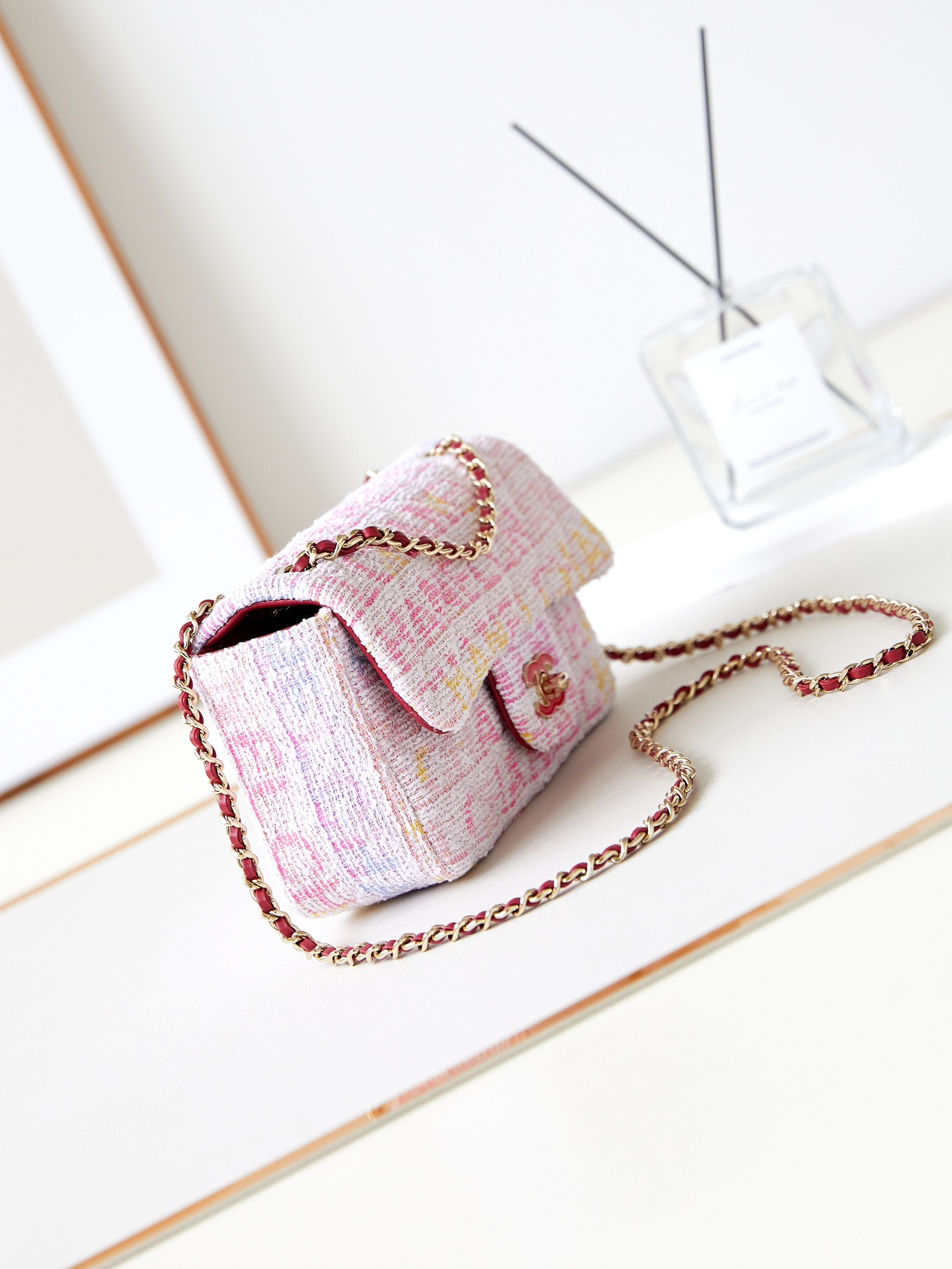 Ch**el Quilted Pink Multicolor Tweed Mini Rectangular Flap Bag 20×10×7cm