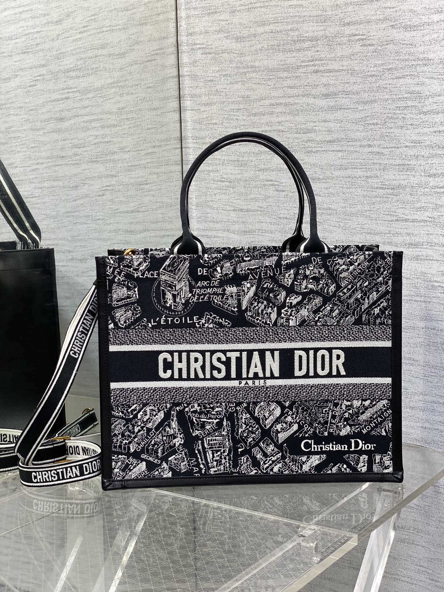 D10r Medium D10r Book Tote Black and White Plan de Paris Embroidery 36 x 27.5 x 16.5 cm