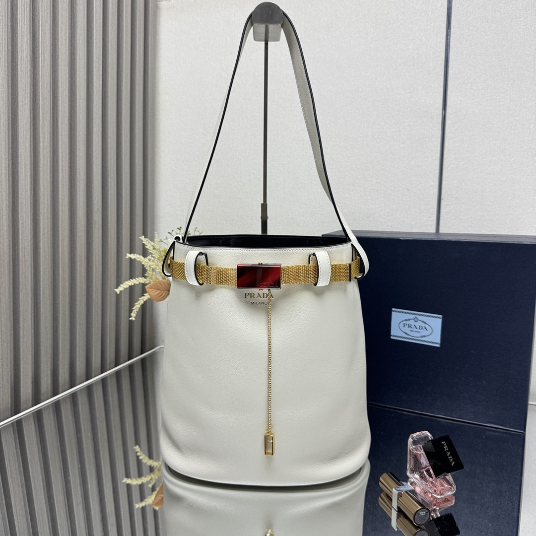 Pra*a Buckle leather bucket bag with jeweled belt 29x26.5x18cm