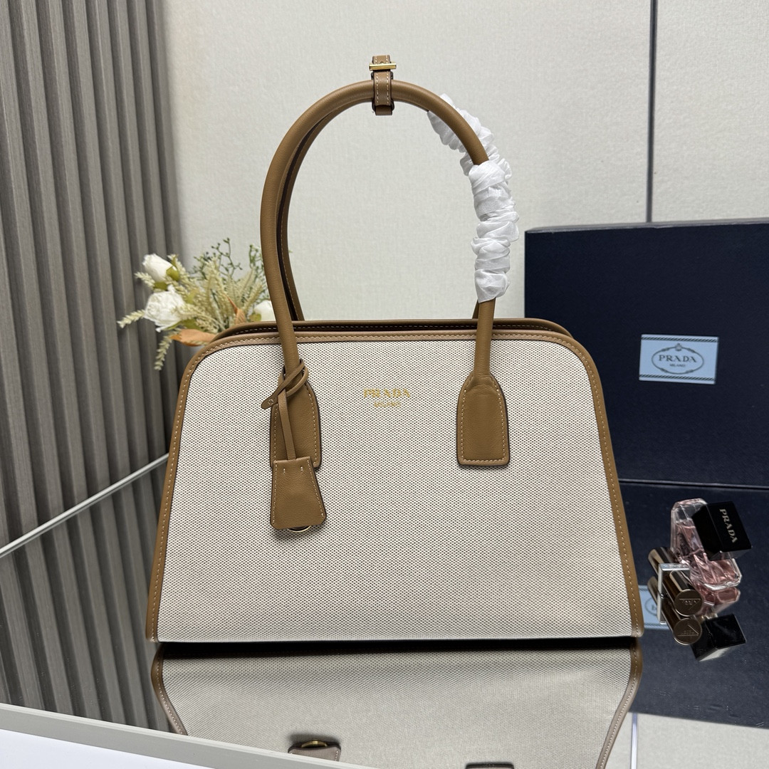 Pra*a Medium linen blend and leather tote bag 22.5x35x18cm