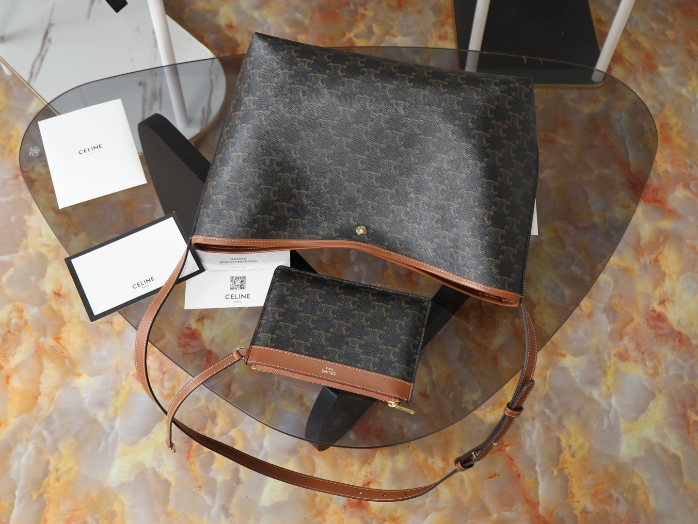 Ce1i*e SOFT SHOPPER BAG IN Triomphe Canvas and Calfskin 32.5x24.5x14cm